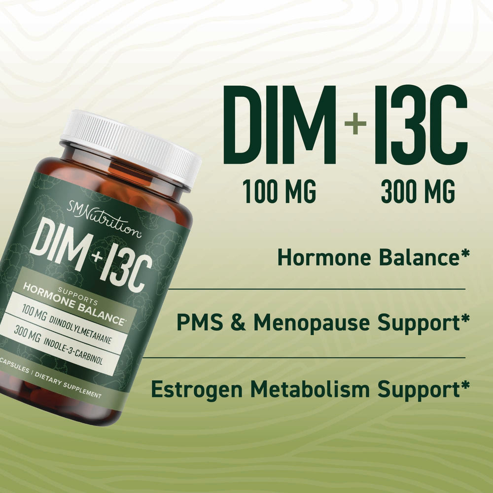 SMNutrition dim-indole-3-carbinol capsules closeup shows smooth-coated pills for daily use.