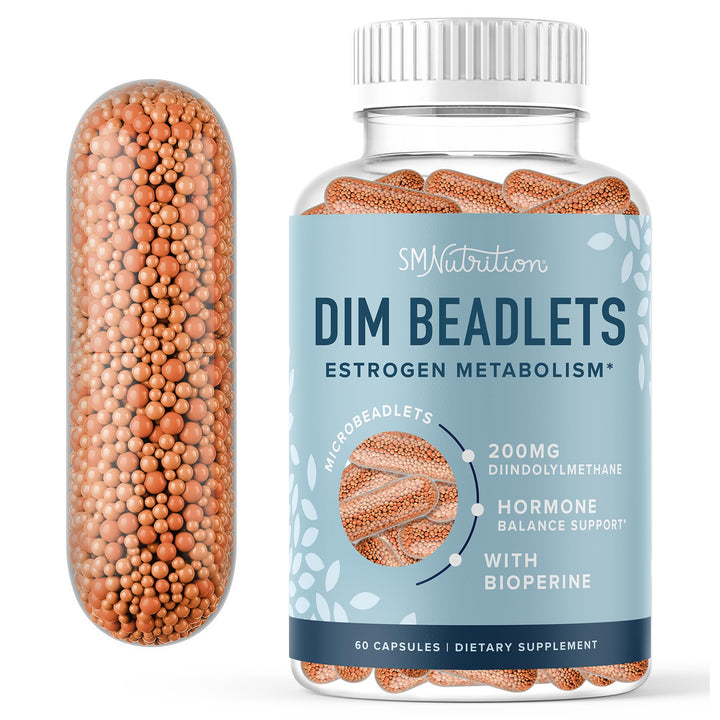 SMNutrition DIM supplement bottle front showing 60 capsules for hormone balance.