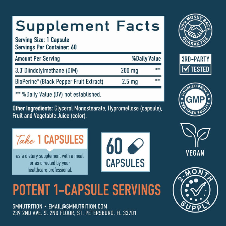 SMNutrition DIM vegan label signaling soy-free, plant-based formulation.