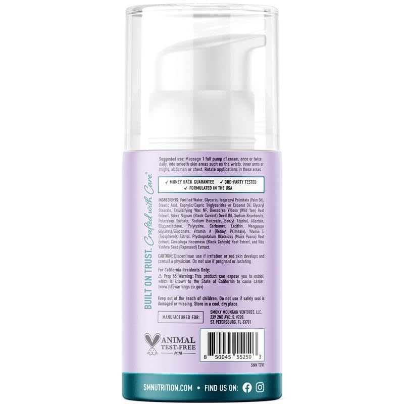 SMNutrition Estro-Life balance cream label highlights paraben-free and fragrance-free benefits.