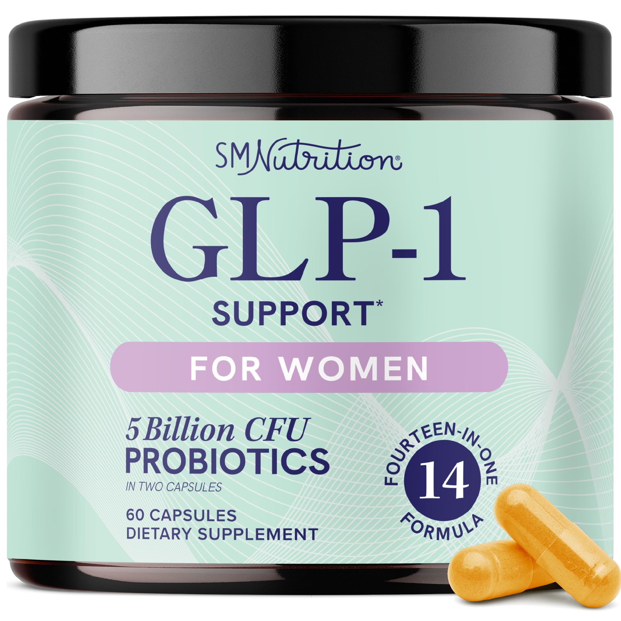 SMNutrition GLP-1 Support for Women bottle on a clean counter promoting daily wellness