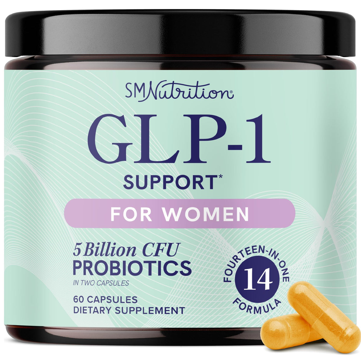 SMNutrition GLP-1 Support for Women bottle on a clean counter promoting daily wellness