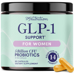 SMNutrition GLP-1 Support for Women bottle on a clean counter promoting daily wellness