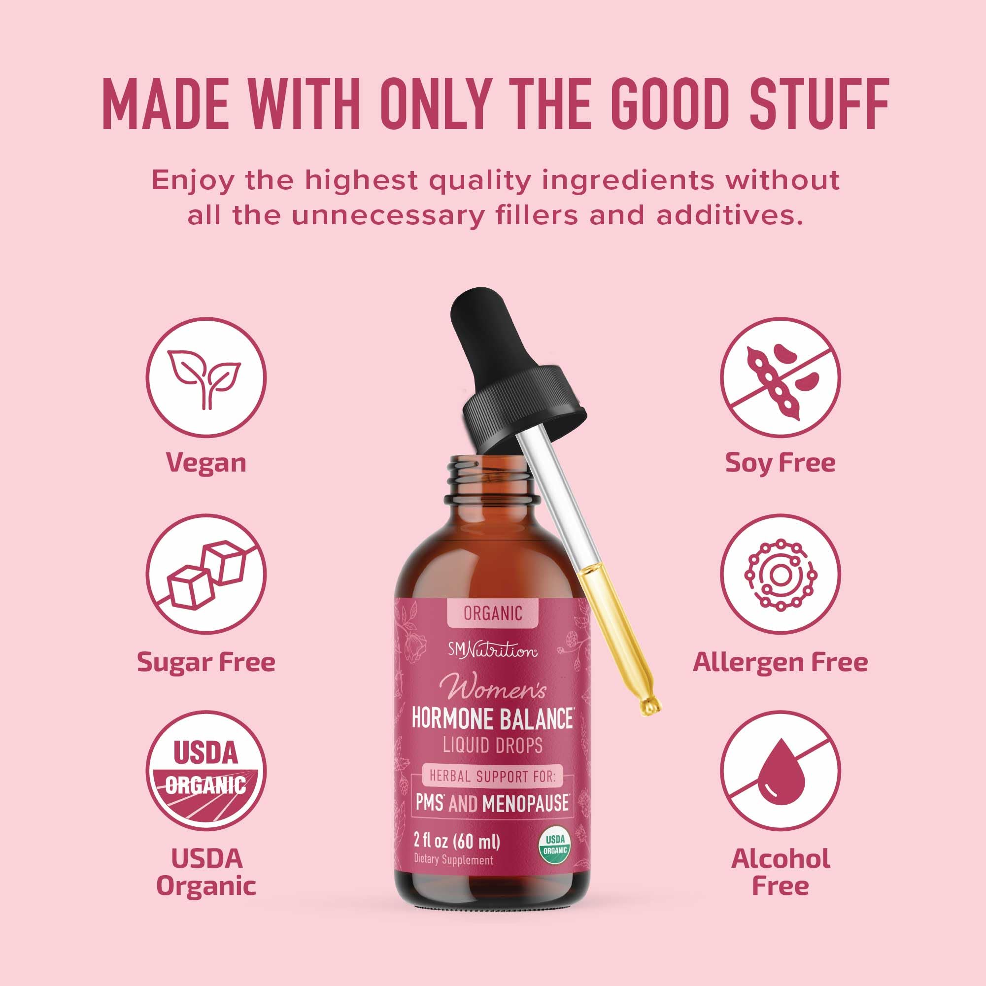 SMNutrition Hormone Balance vegan alcohol-free formula label.