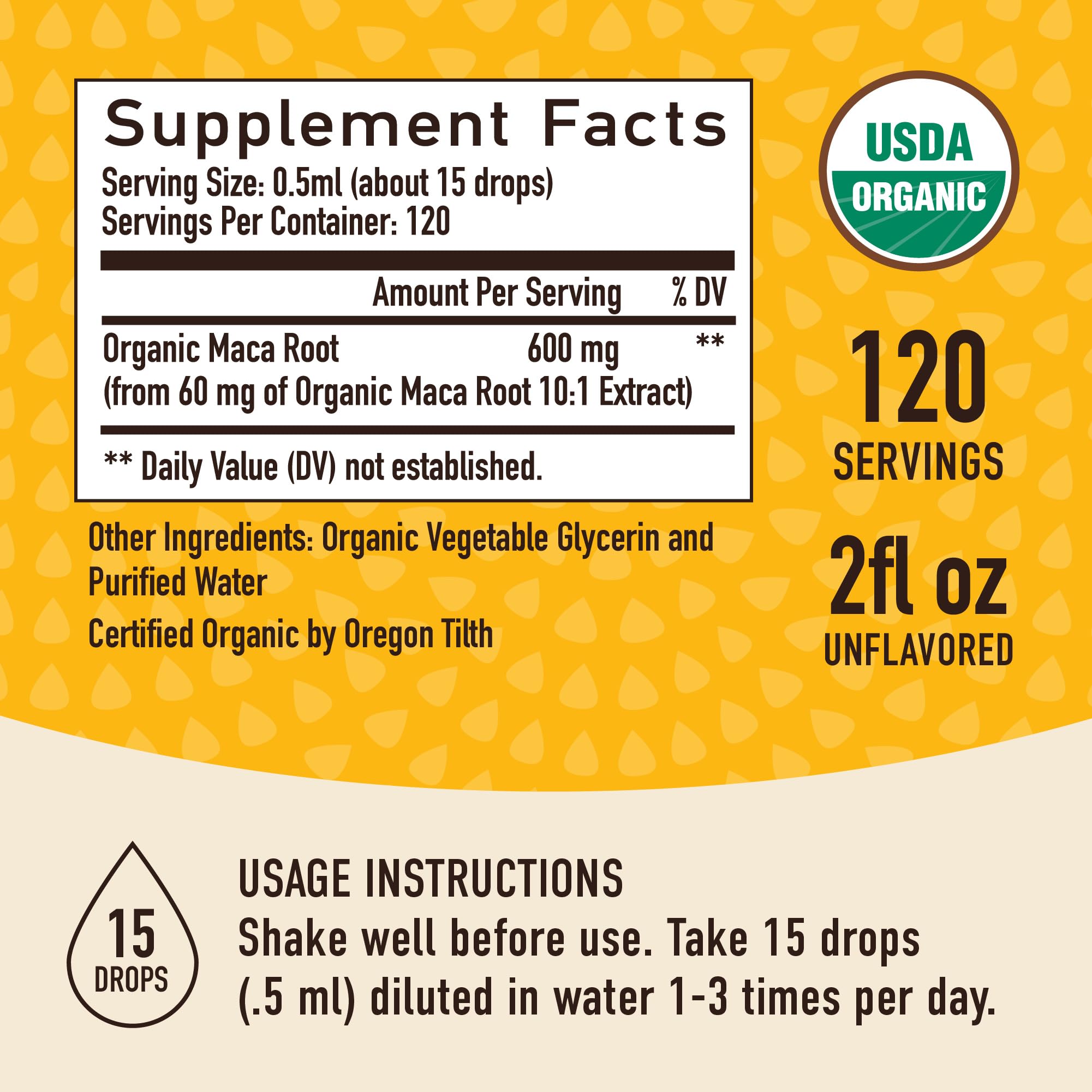 SMNutrition Maca liquid drops organic certifications signal trusted manufacturing.