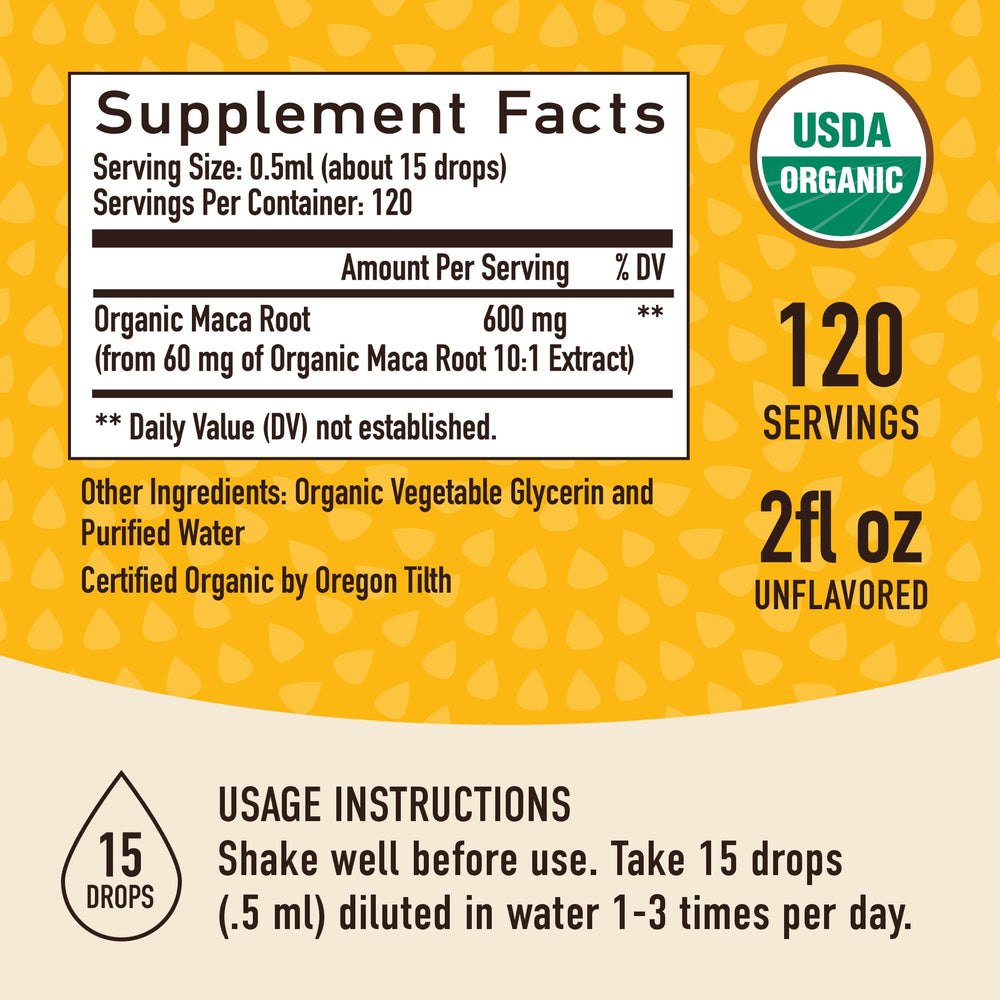 SMNutrition Maca liquid drops organic certifications signal trusted manufacturing.