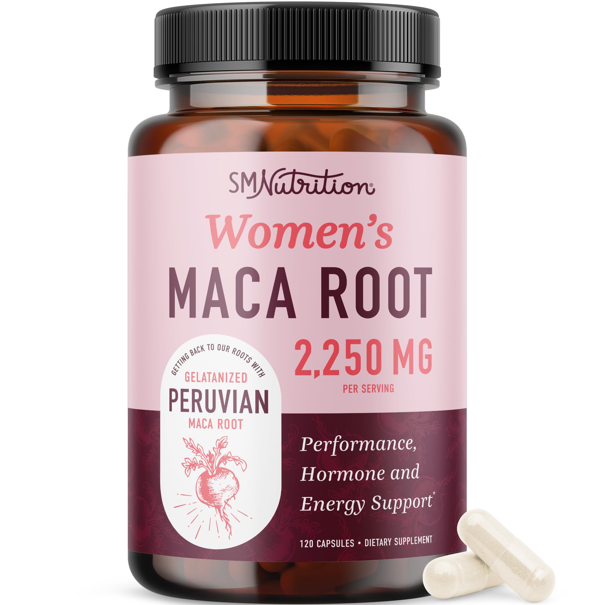 SMNutrition Maca root bottle showing red, black, and yellow powders for balanced energy.