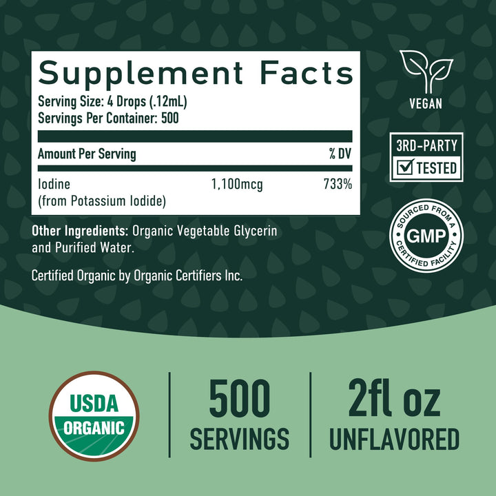 SMNutrition Organic Iodine Drops packaging displays 2 fl oz size and long supply.