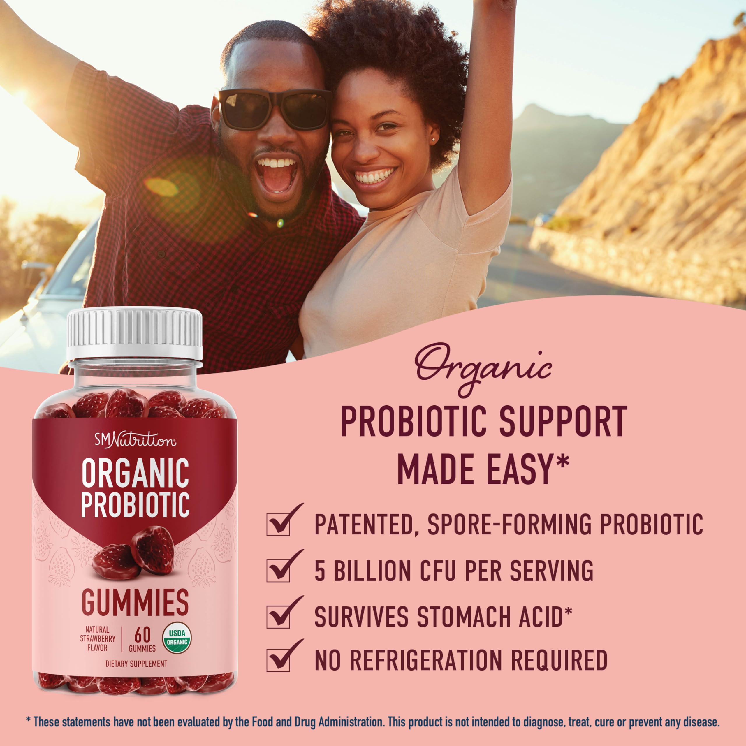 SMNutrition Organic Probiotics Gummies bottle back label highlights 5B CFU per serving
