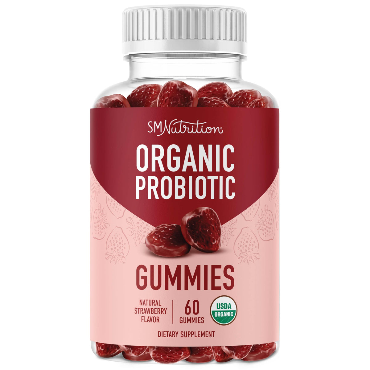 SMNutrition Organic Probiotics Gummies bottle front, strawberry flavor, convenient daily use