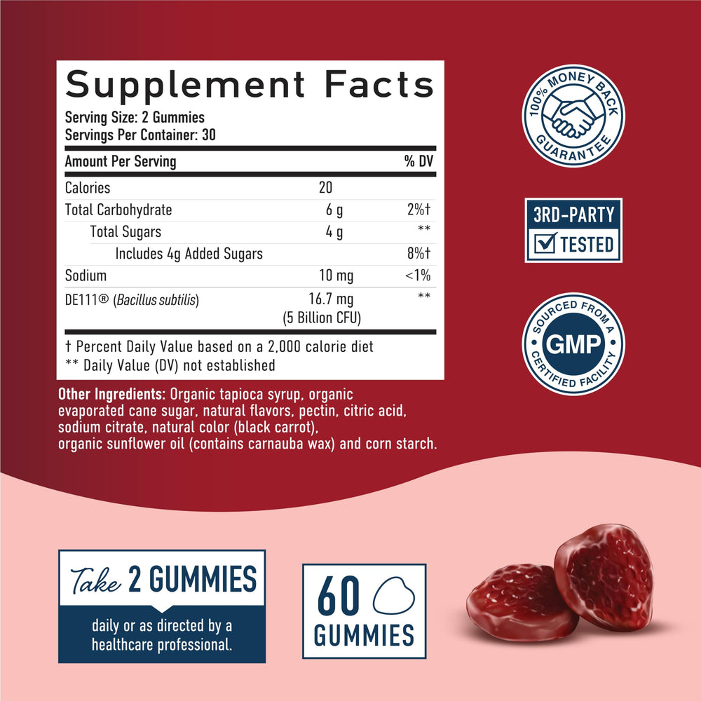 SMNutrition Probiotics gummies close-up texture and vibrant strawberry flavor