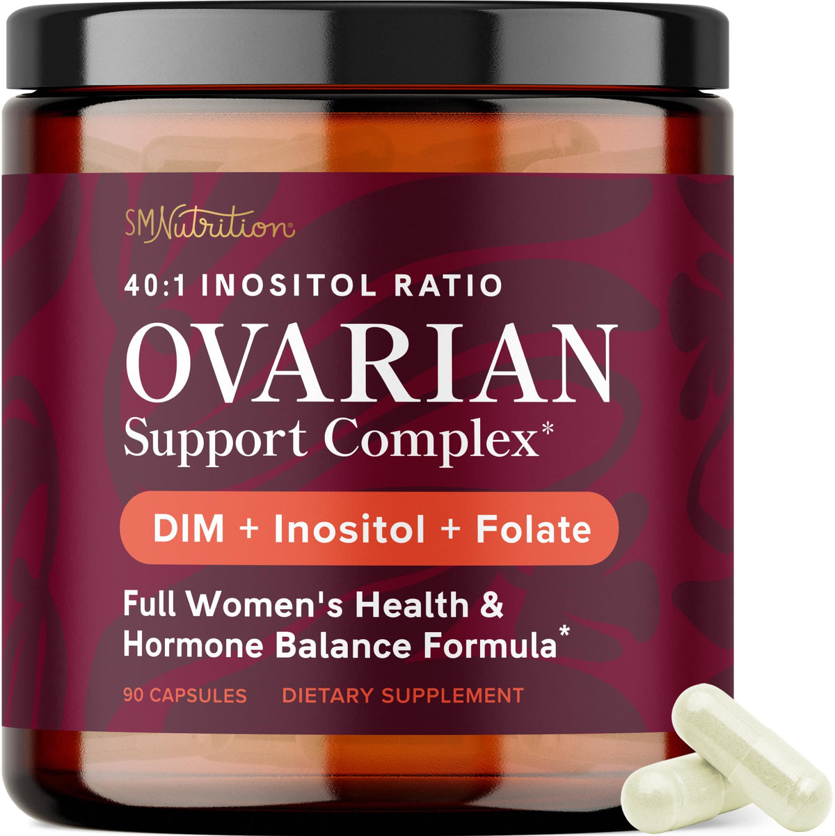 SMNutrition Ovarian Support bottle front for balanced hormones daily.
