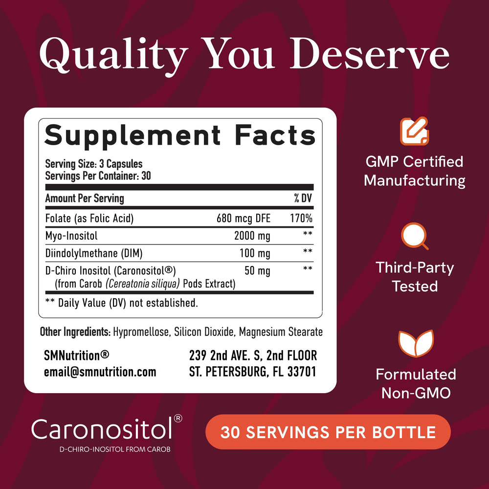 Packaging box of SMNutrition Ovarian Support highlighting quality.