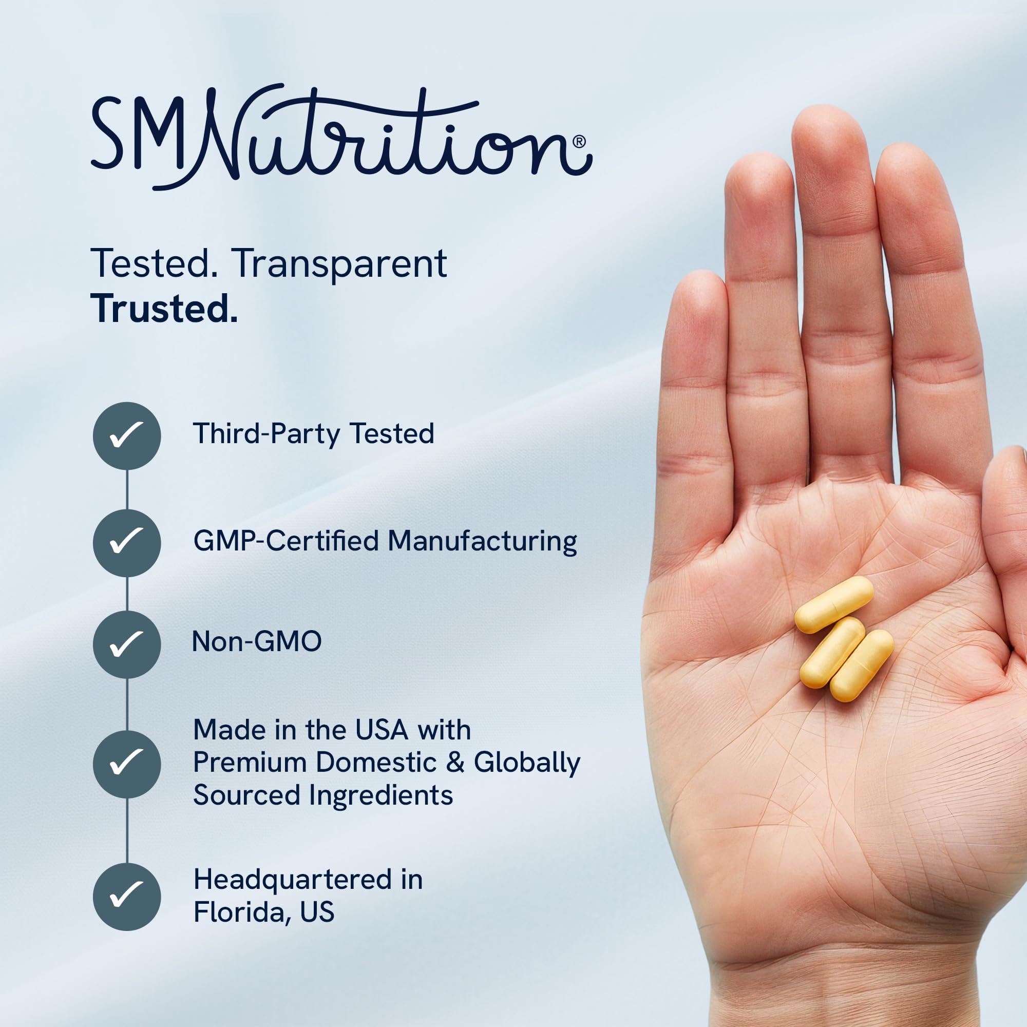 SMNutrition PQQ bottle pour showing capsules for easy daily energy support.