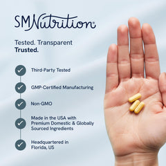 SMNutrition PQQ bottle pour showing capsules for easy daily energy support.