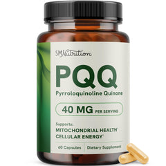 SMNutrition PQQ supplement bottle closeup highlighting 40 mg potency for mitochondrial support.