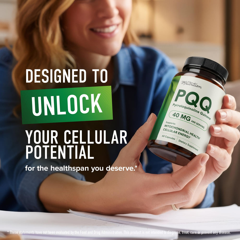 SMNutrition PQQ visual with notebook and timer, suggesting simple daily ritual.