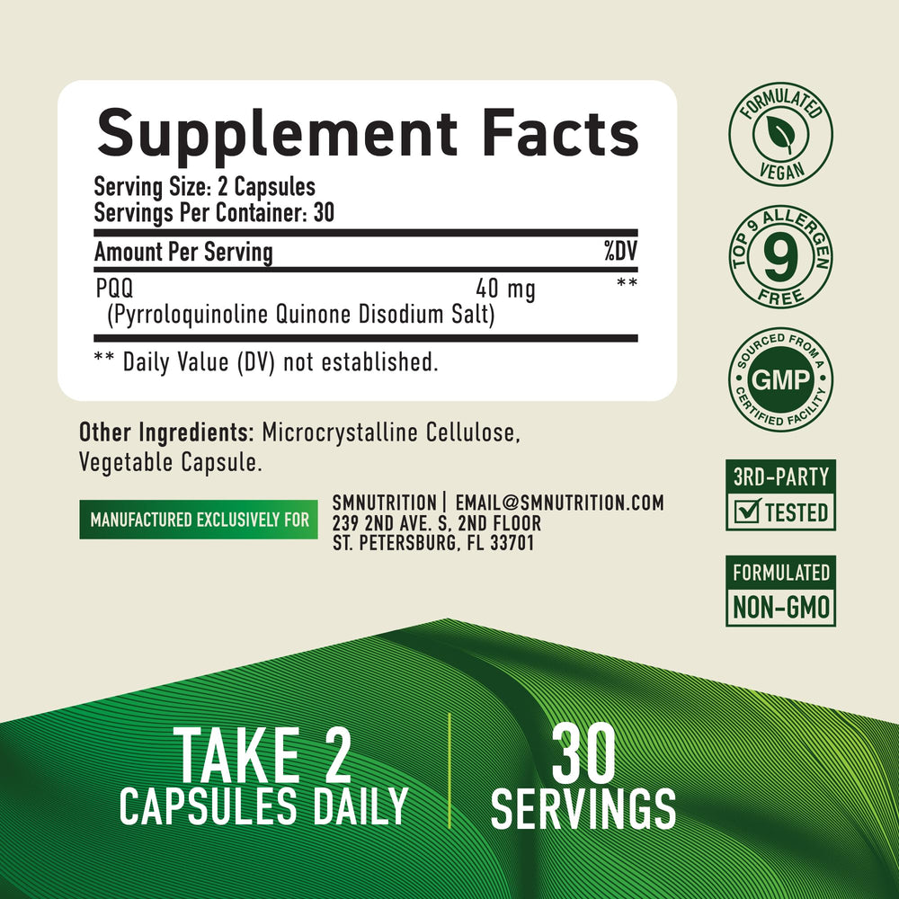 SMNutrition PQQ packaging box shows vegan formula and non-GMO badge.