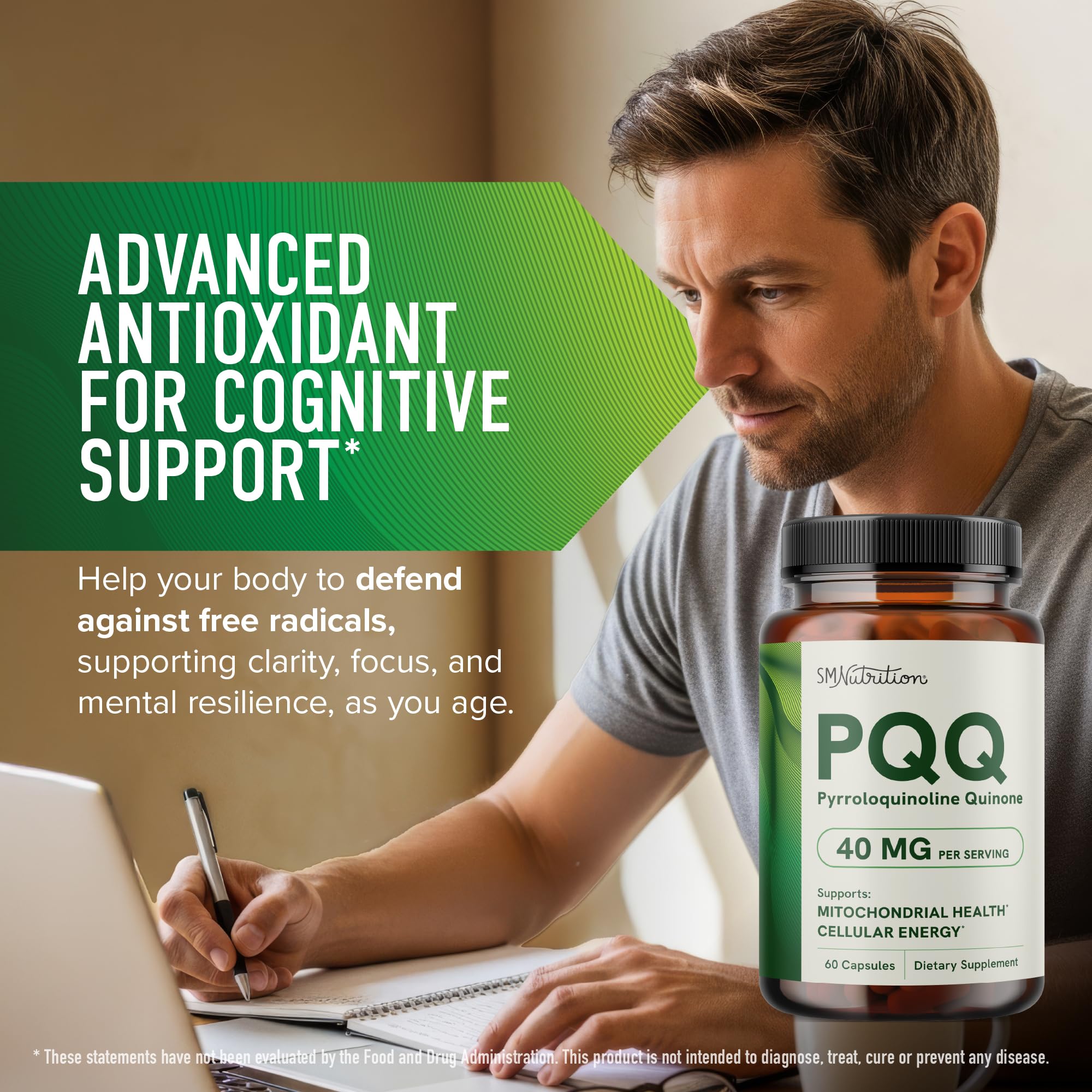 SMNutrition PQQ third-party stamp on packaging for quality assurance.