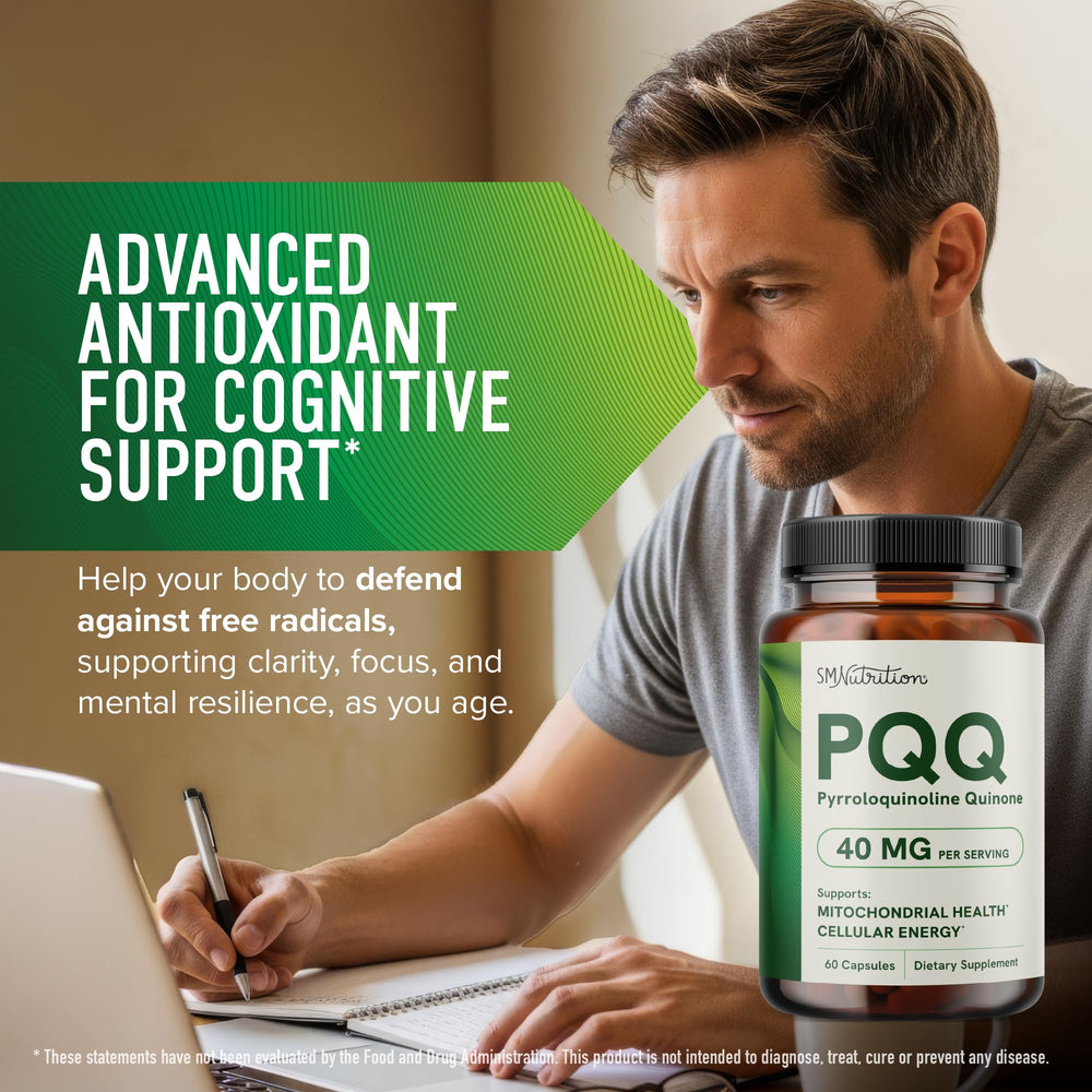 SMNutrition PQQ third-party stamp on packaging for quality assurance.
