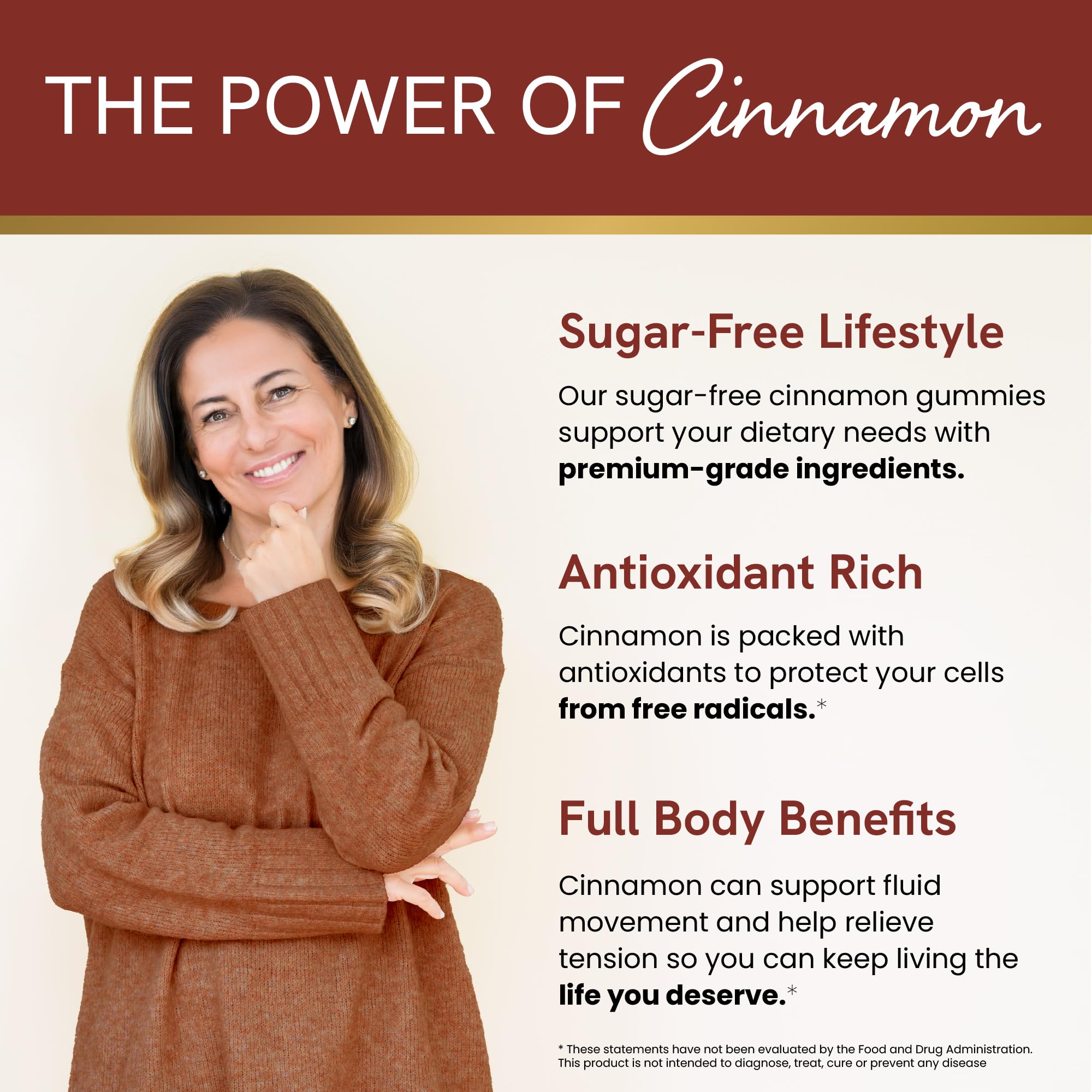 SMNutrition Sugar-Free Cinnamon Gummies bottle front highlighting convenient daily use