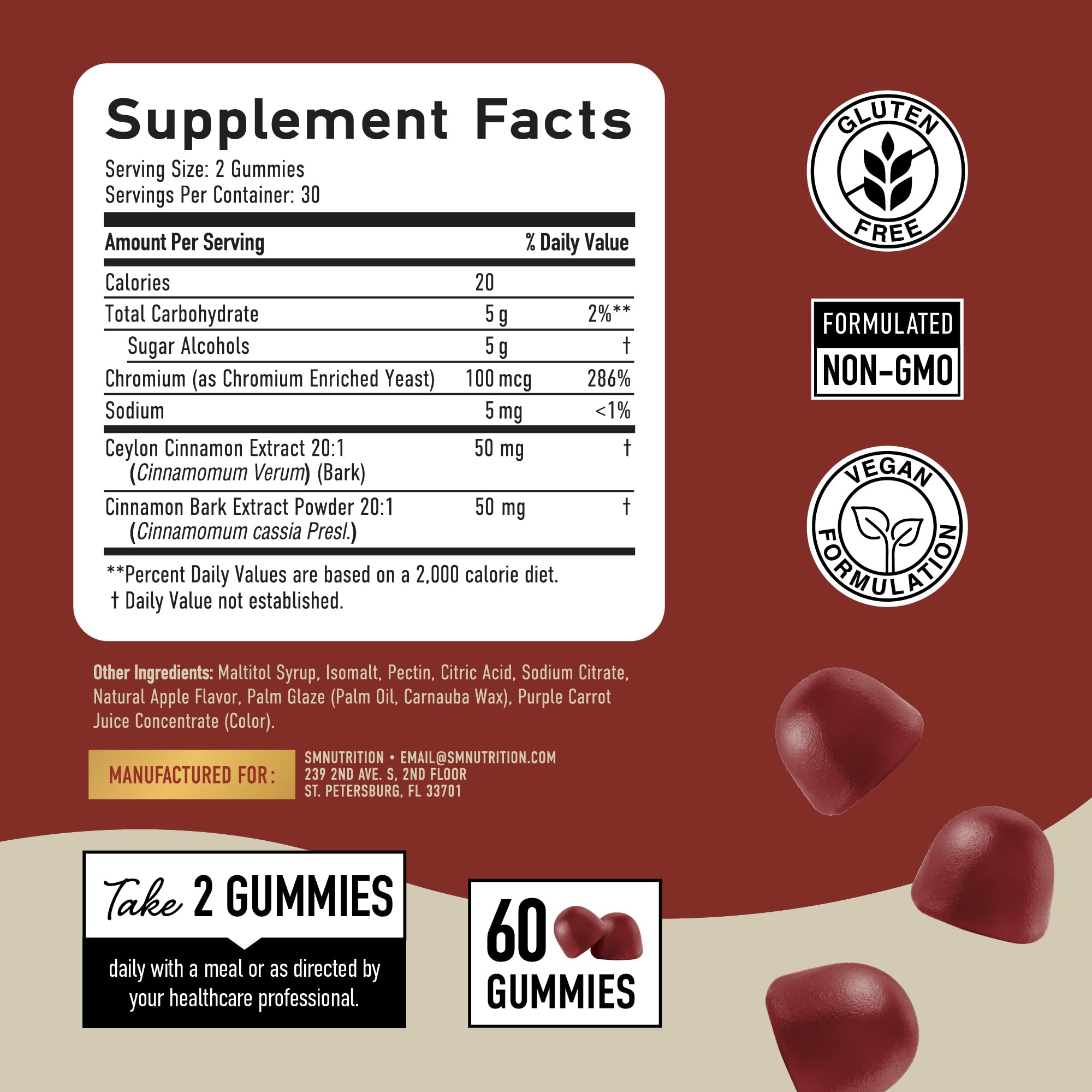 SMNutrition Sugar-Free Cinnamon Gummies vegan and gluten-free badge visible