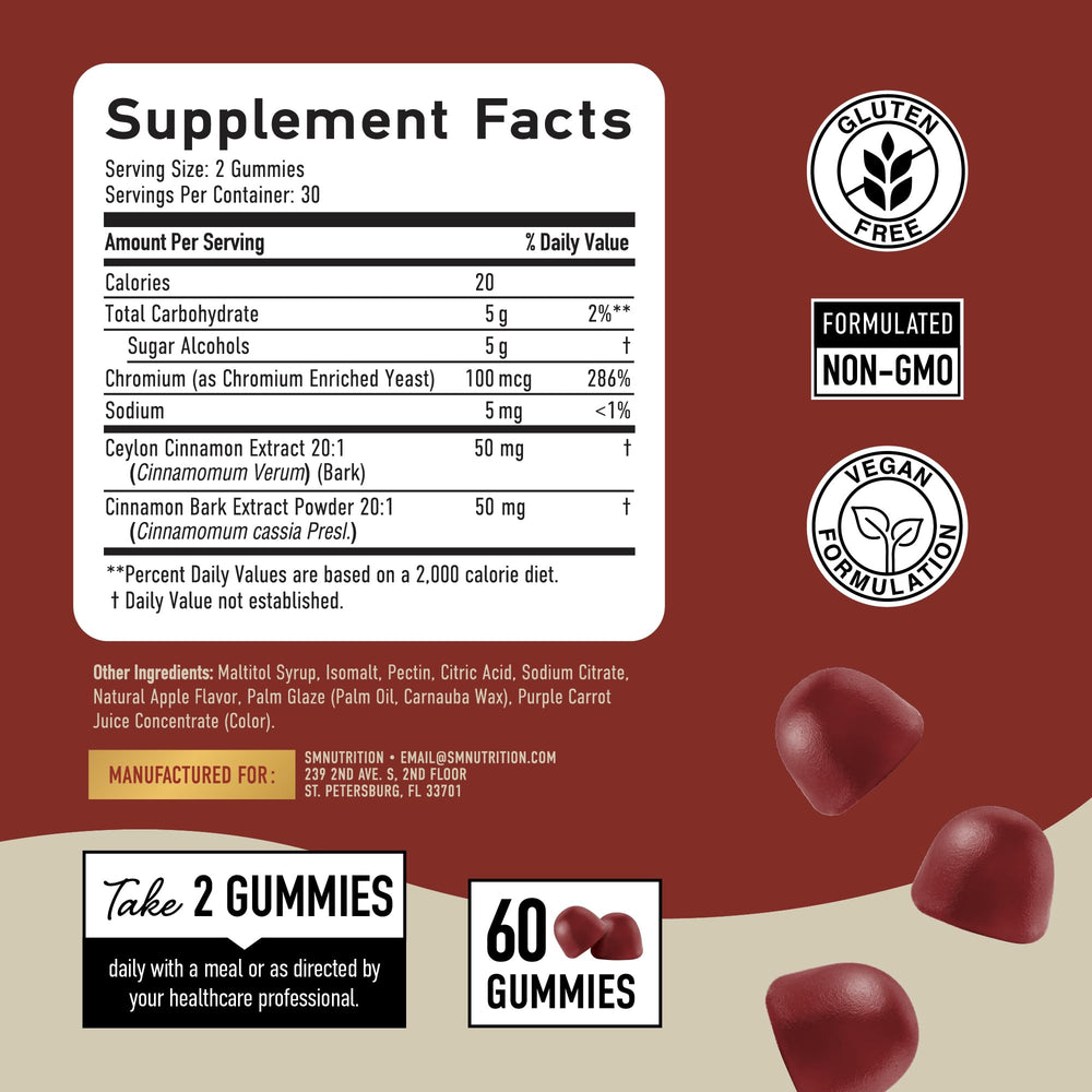 SMNutrition Sugar-Free Cinnamon Gummies vegan and gluten-free badge visible
