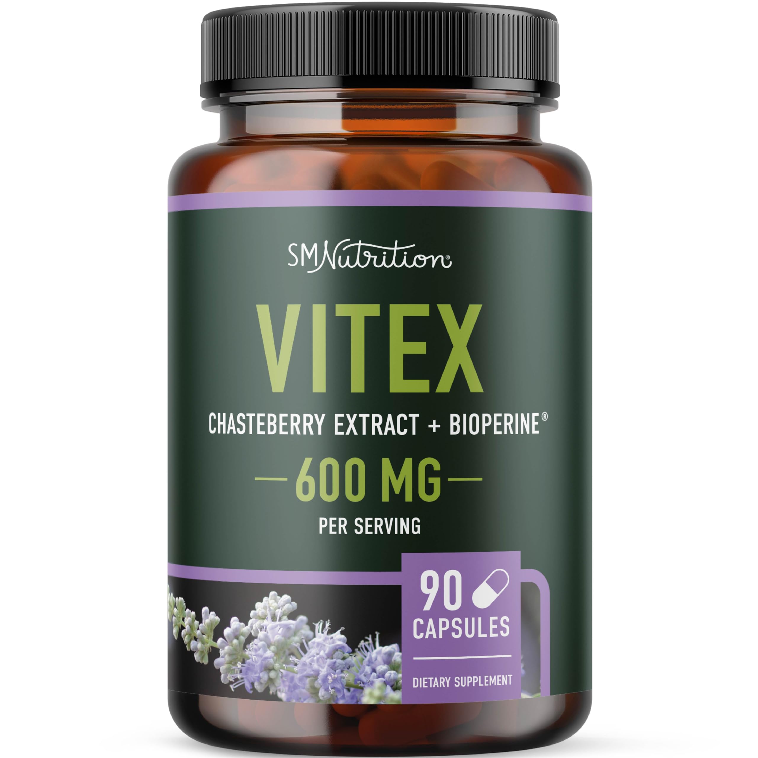 SMNutrition Vitex chasteberry capsules in bottle support daily hormone balance.