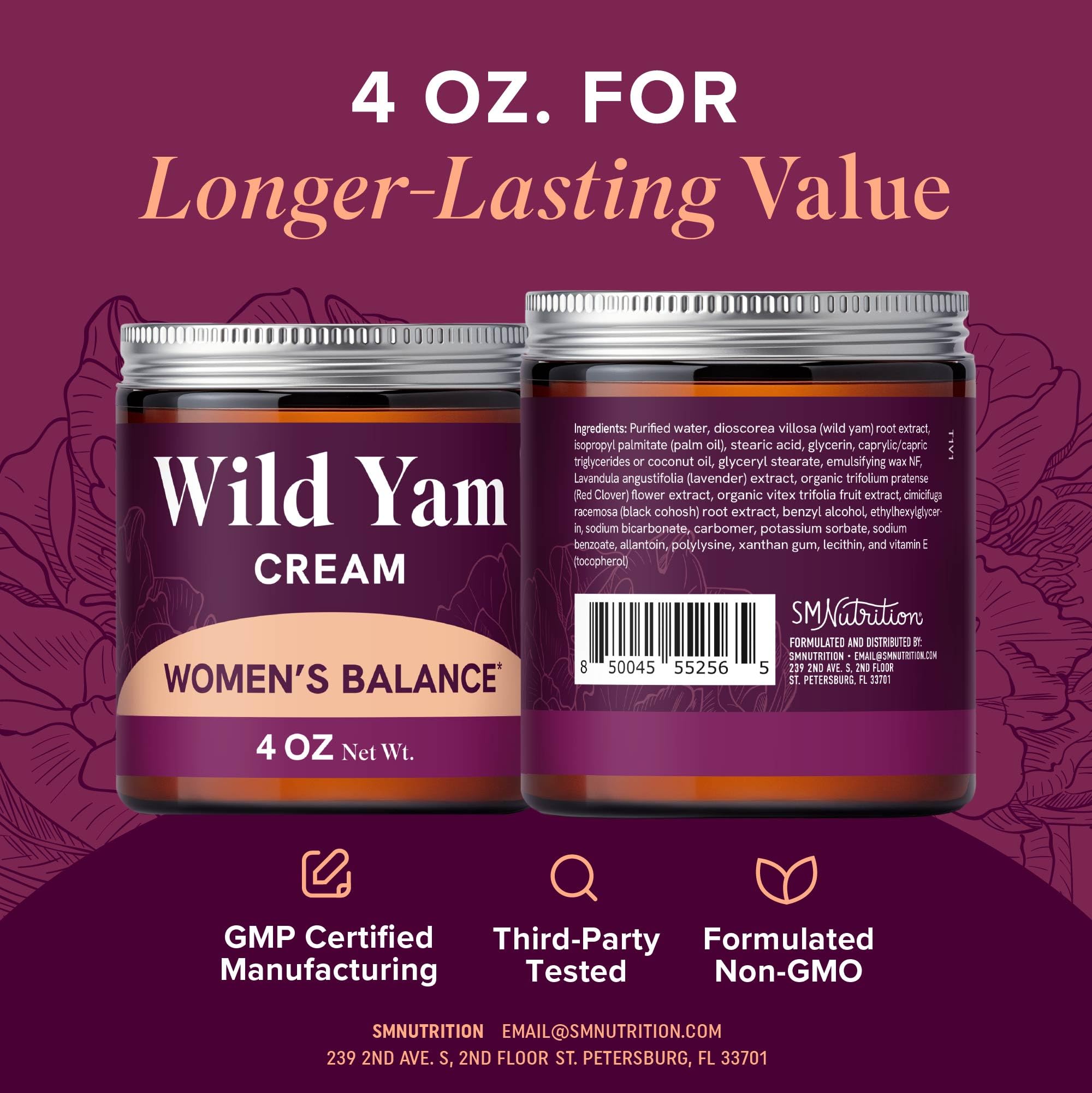 Packaging emphasizes non-GMO and cruelty-free quality for SMNutrition Wild Yam Cream