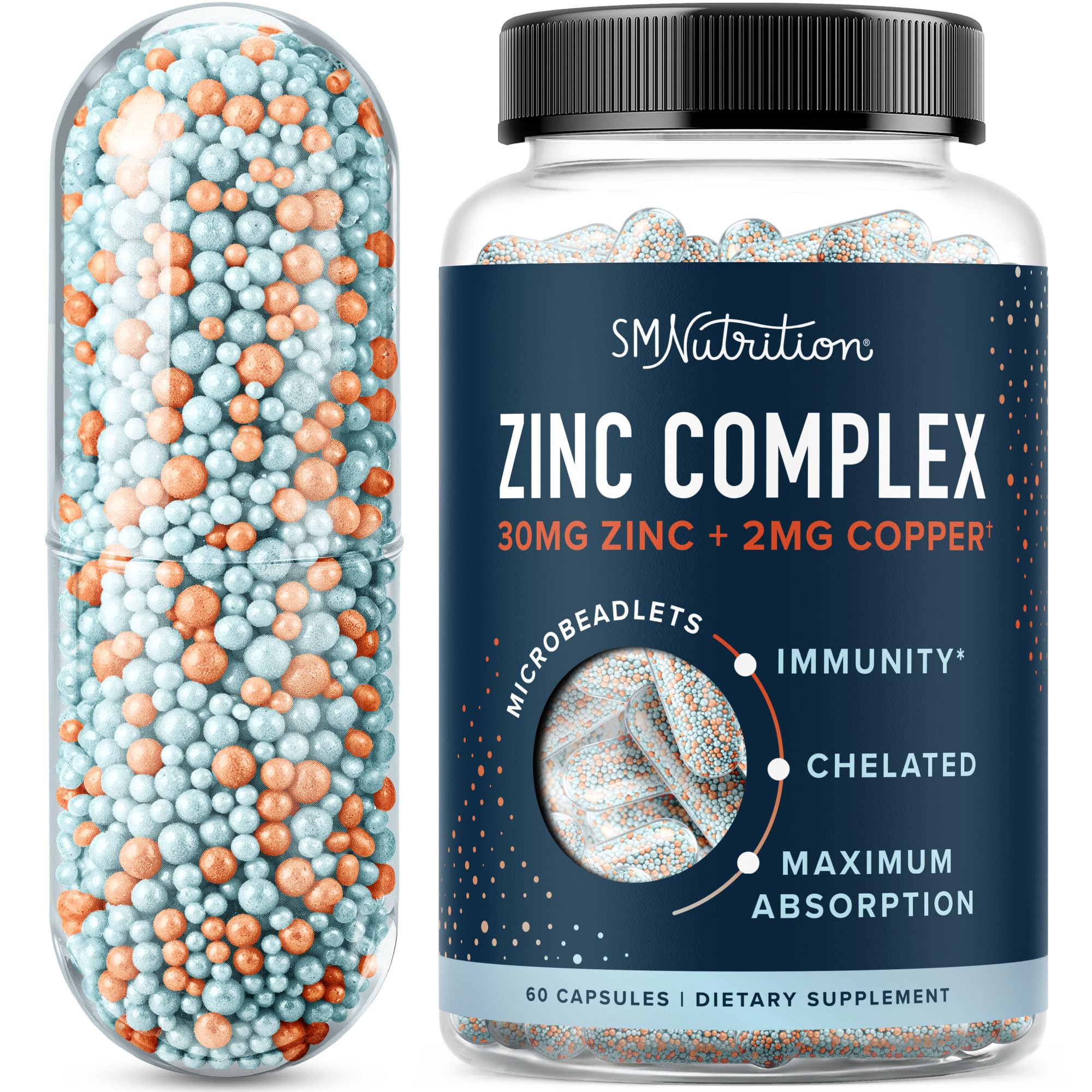 SMNutrition Zinc Balance Microbeadlets with Copper bottle pour for easy daily immune support.