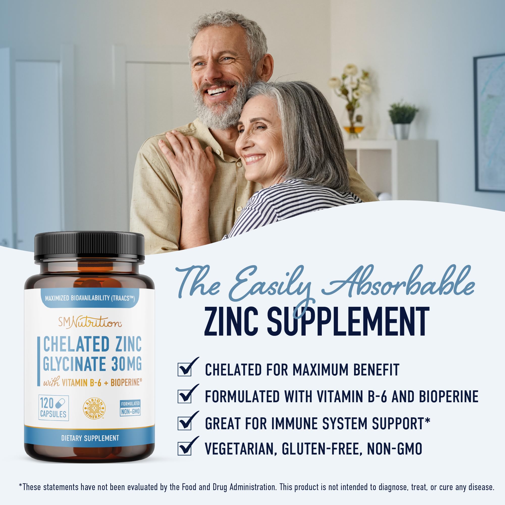 SMNutrition Zinc Bisglycinate capsules show easy daily dosing for wellness.