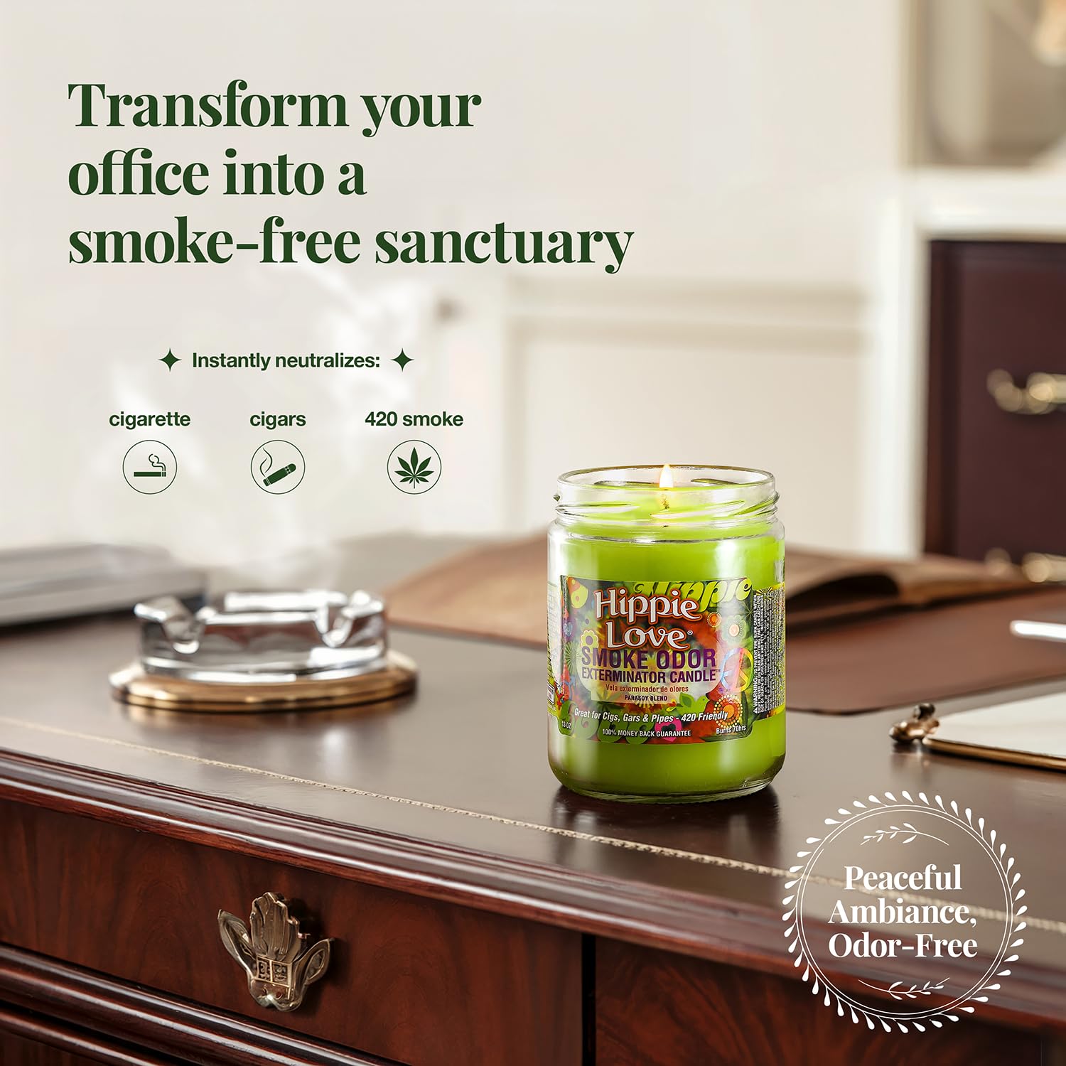 Smoke Odor Exterminator Hippie Love candle burning with flame indicating long burn time