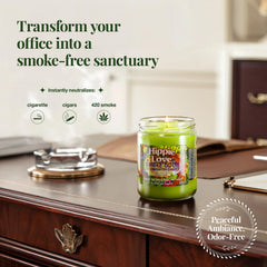 Smoke Odor Exterminator Hippie Love candle burning with flame indicating long burn time
