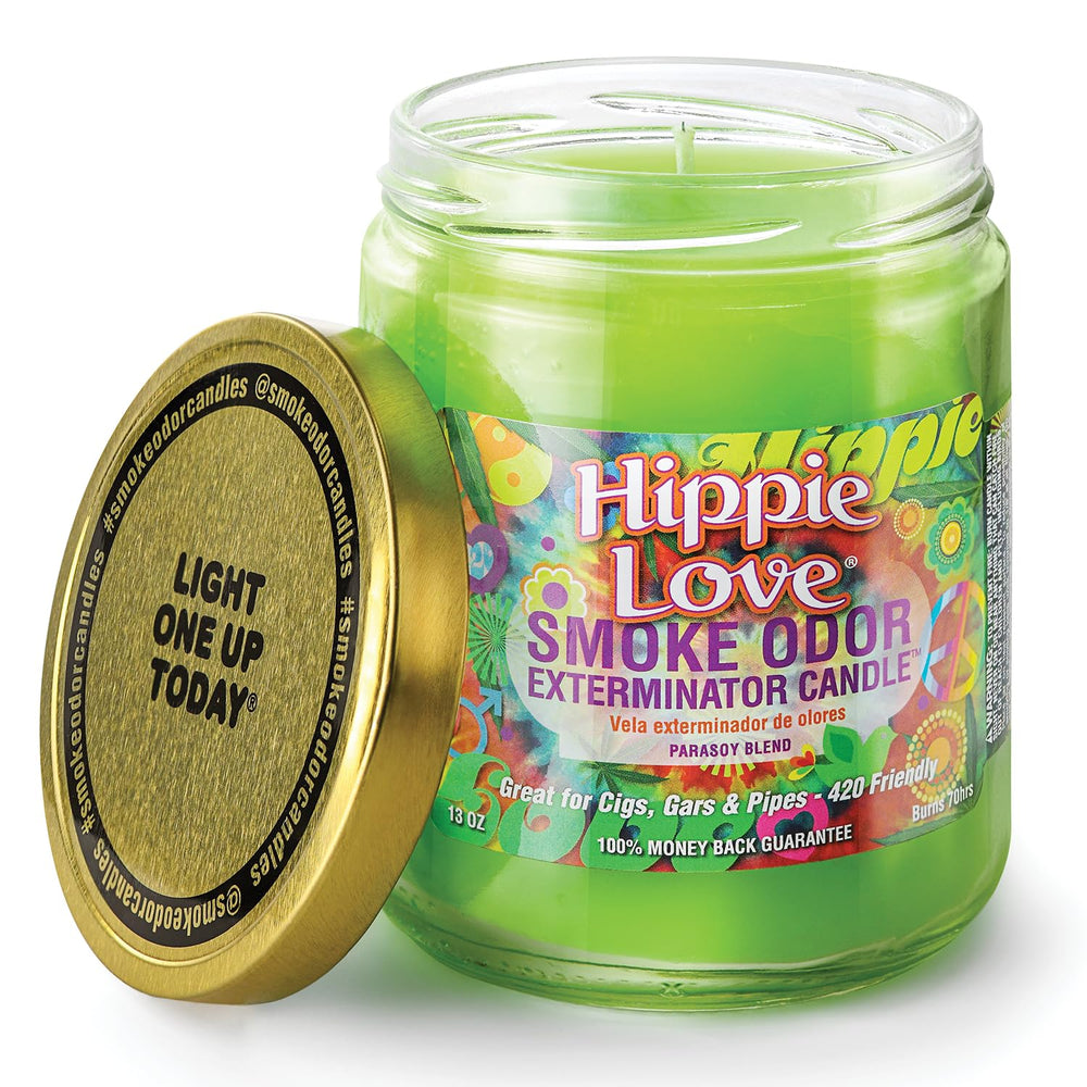 Smoke Odor Exterminator Hippie Love candle front view shows branding and odor control potential