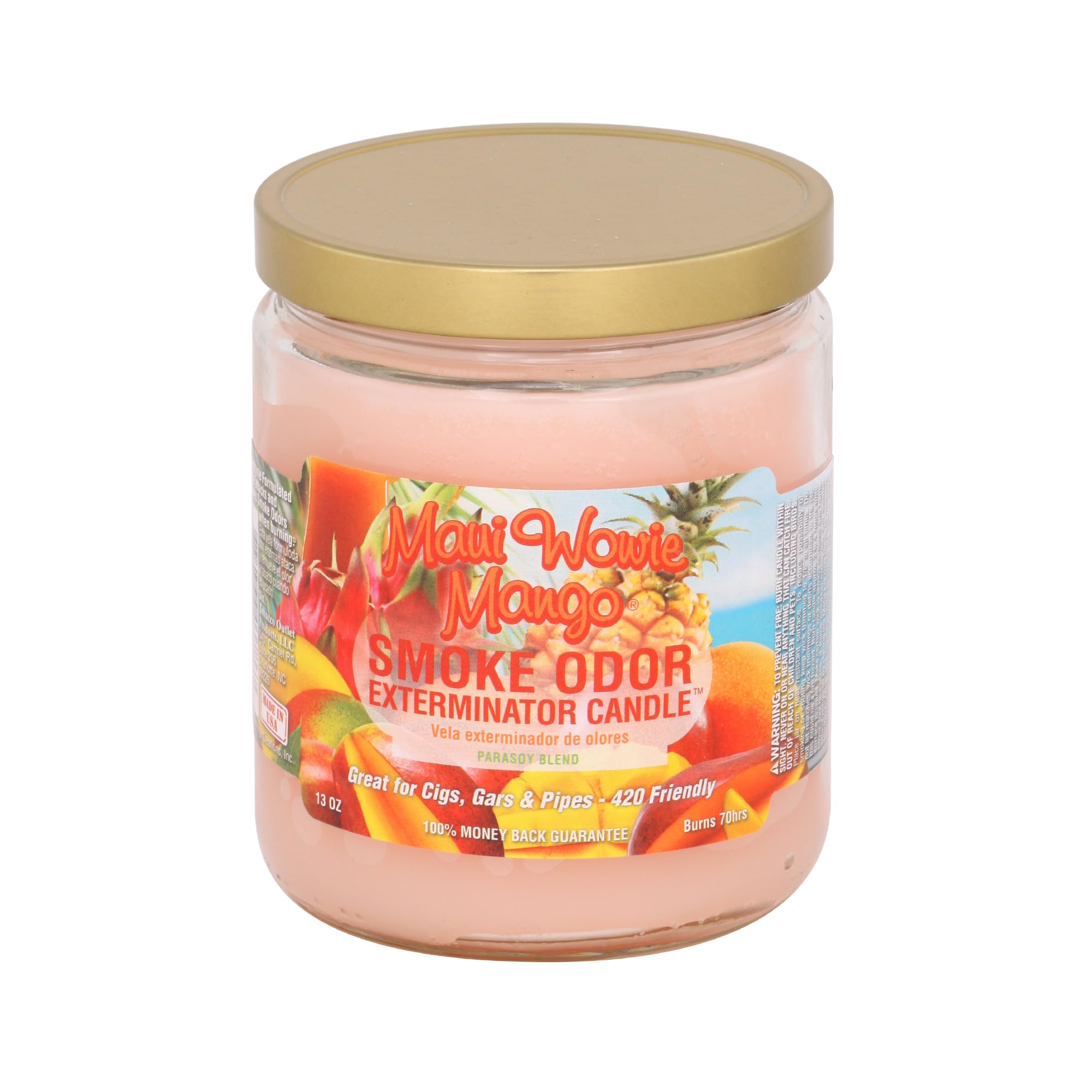 Smoke Odor Exterminator 13oz Maui Wowie Mango label showcasing odor-eliminating formula.