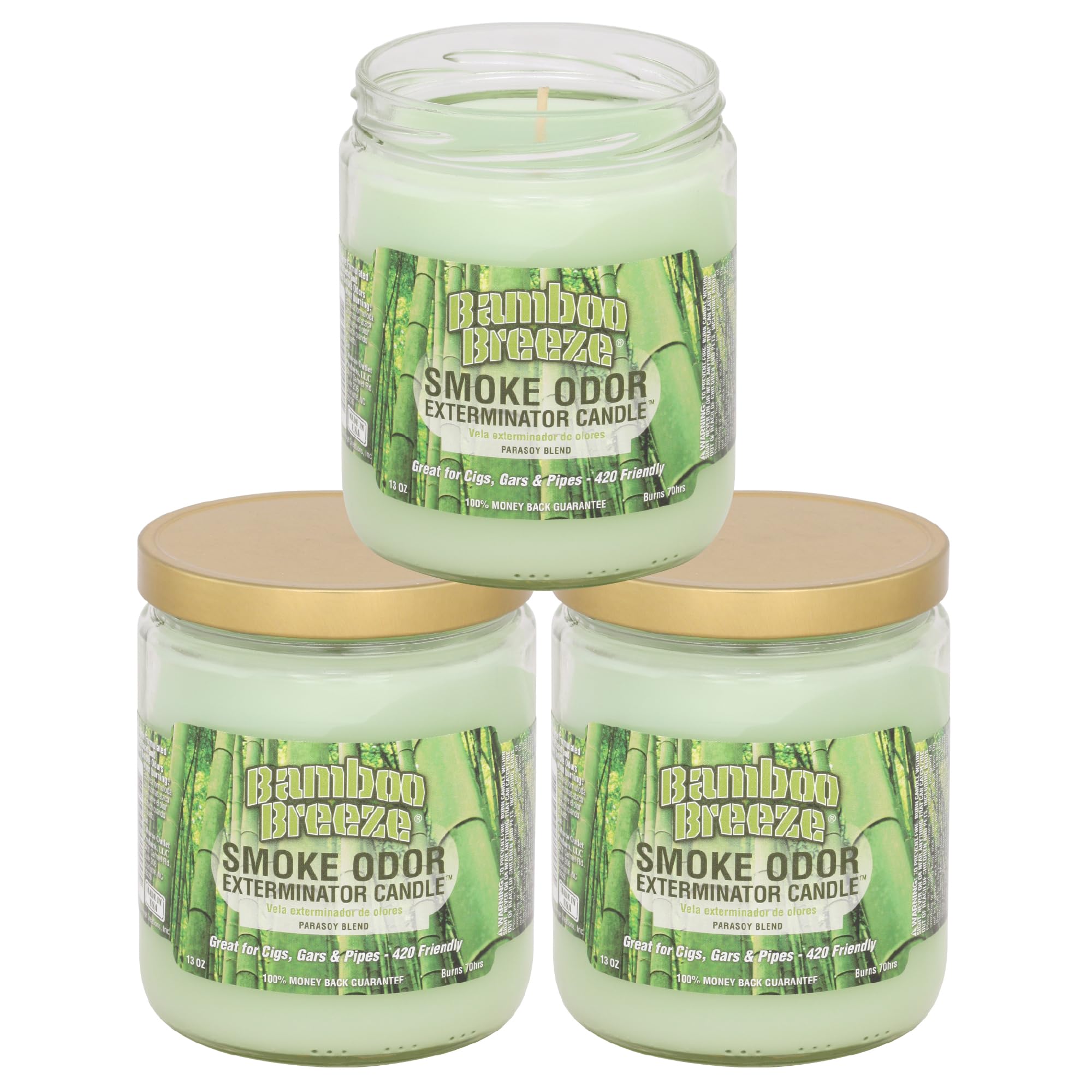 Smoke Odor Exterminator Bamboo Breeze jar candle three-pack for odor relief and tropical fragrance.
