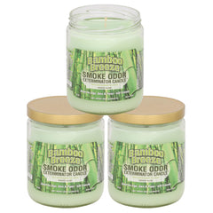 Smoke Odor Exterminator Bamboo Breeze jar candle three-pack for odor relief and tropical fragrance.
