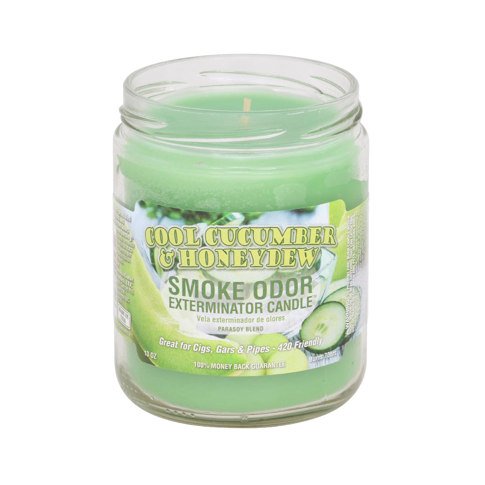 Smoke Odor Exterminator Candle in Cool Cucumber & Honeydew jar, ideal for refreshing living spaces after cooking