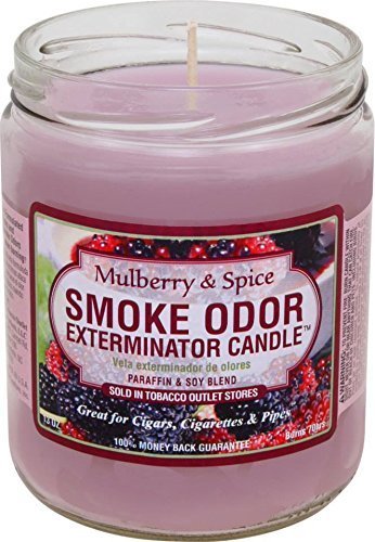 Smoke Odor Exterminator candle Mulberry and Spice neutralizes tobacco odors and pet scents.