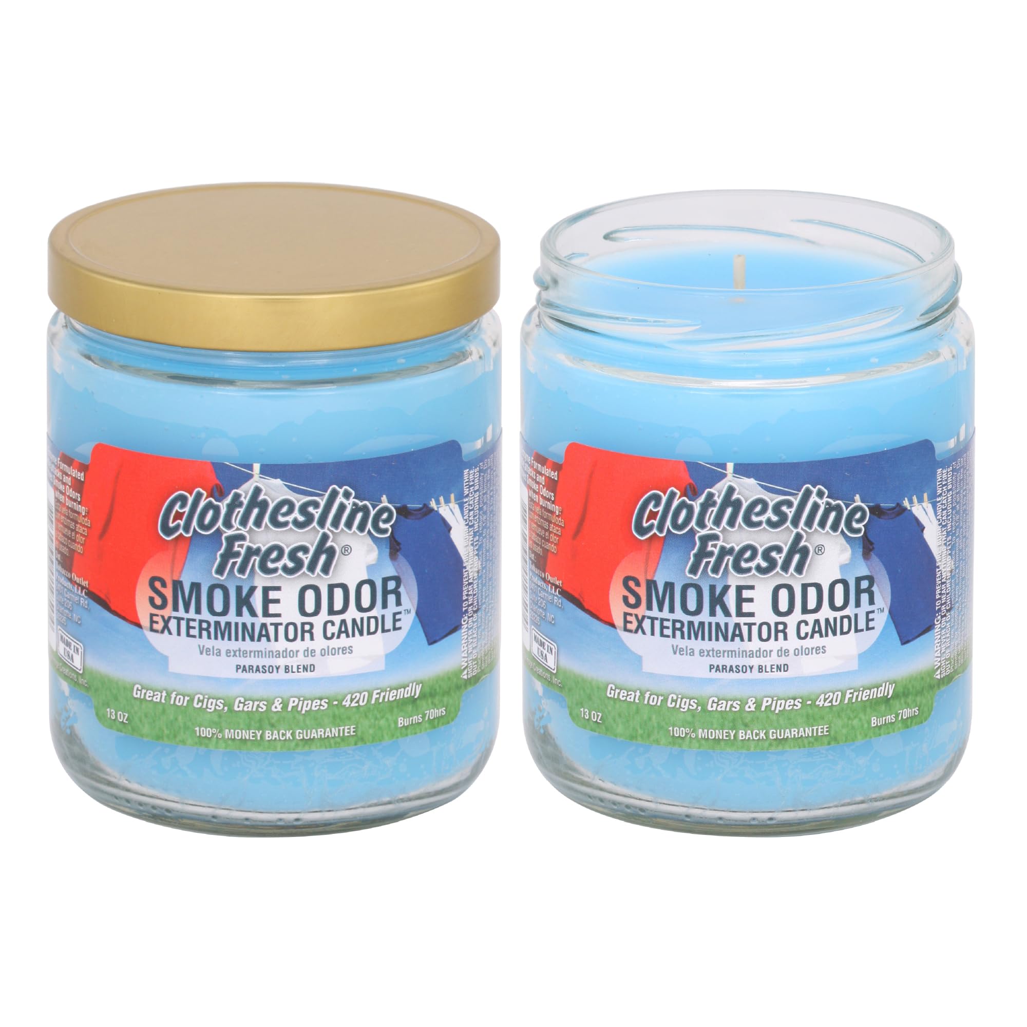 Smoke Odor Exterminator clothesline fresh jar candle neutralizes cigarette smoke and cooking odors.