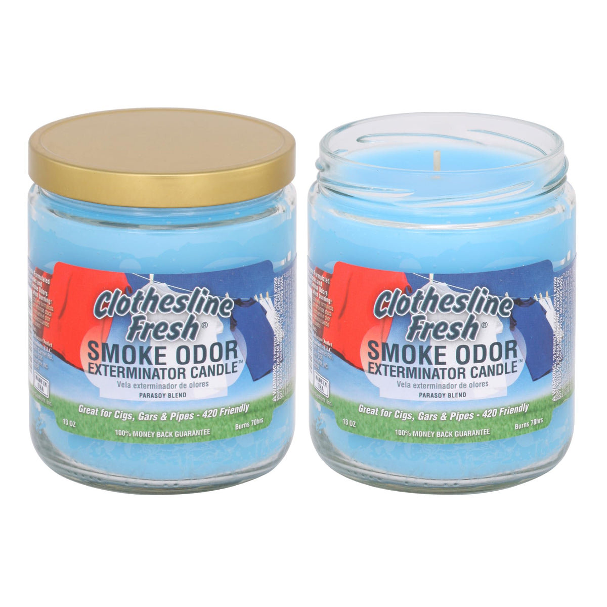 Smoke Odor Exterminator clothesline fresh jar candle neutralizes cigarette smoke and cooking odors.