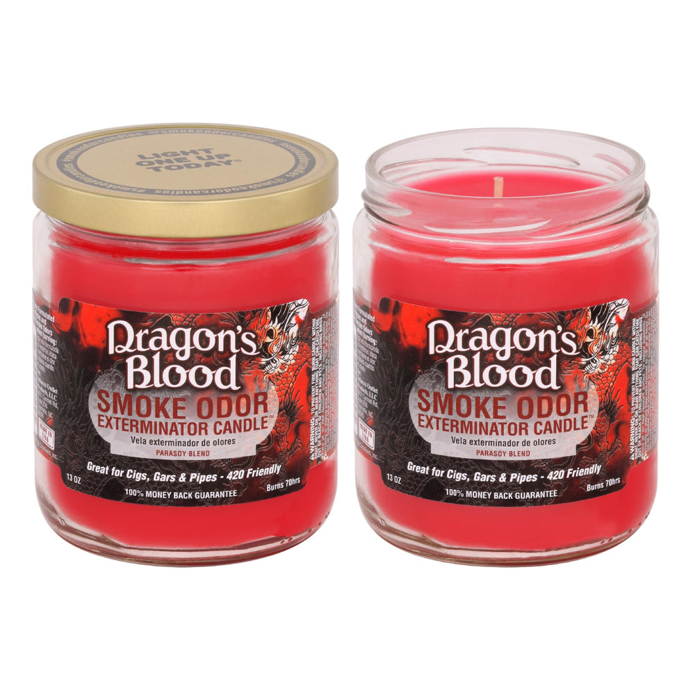 Smoke Odor Exterminator Dragon's Blood jar candle; odor removal and inviting aroma.