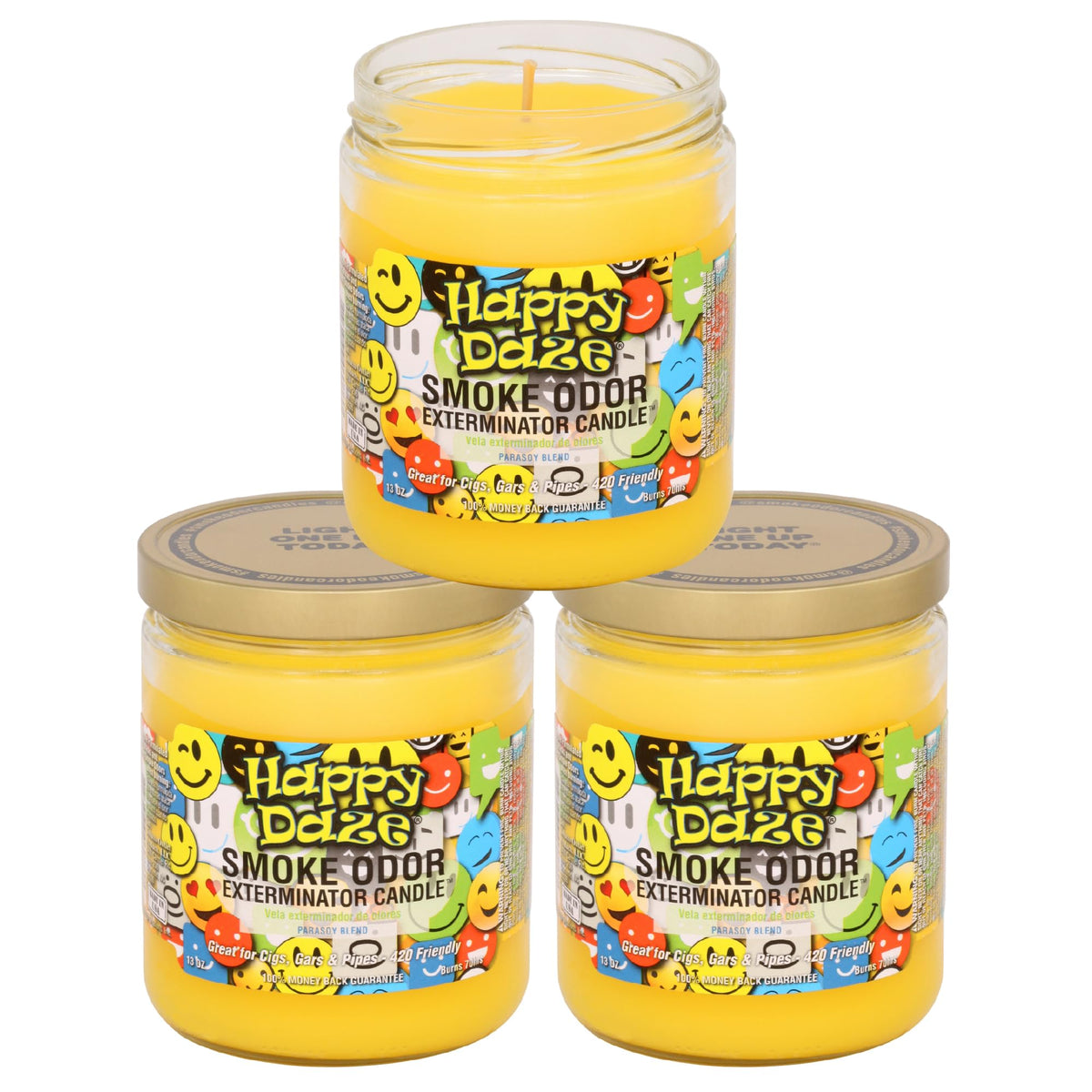 Smoke Odor Exterminator Happy Daze 3 jar candle for eliminating smoke and pet odors