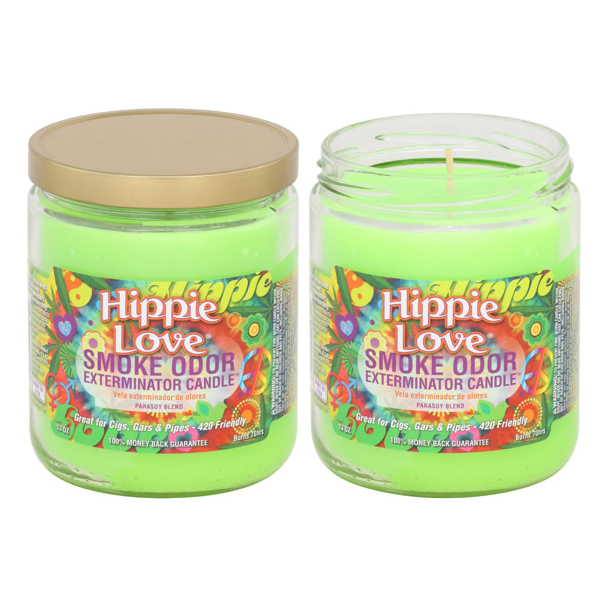 Smoke Odor Exterminator Hippie Love jar candle two-pack — neutralizes odors and adds inviting fragrance