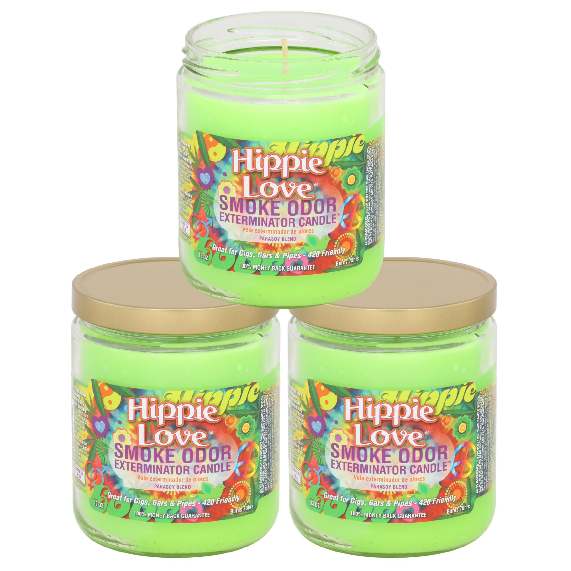Smoke Odor Exterminator Hippie Love jar candle for odor refresh and cozy ambiance.