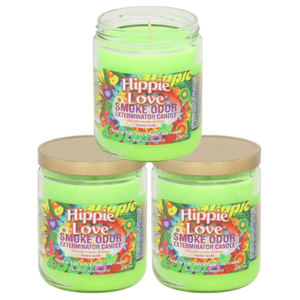 Smoke Odor Exterminator Hippie Love jar candle for odor refresh and cozy ambiance.