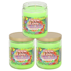 Smoke Odor Exterminator Hippie Love jar candle for odor refresh and cozy ambiance.