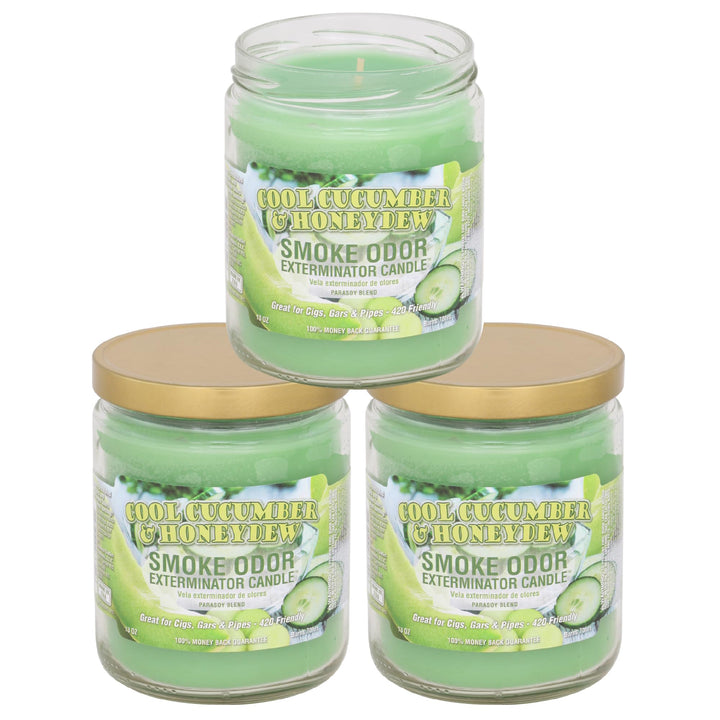 Smoke Odor Exterminator jar candle offers fresh scents in cool cucumber and honeydew.
