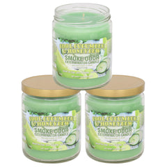 Smoke Odor Exterminator jar candle offers fresh scents in cool cucumber and honeydew.