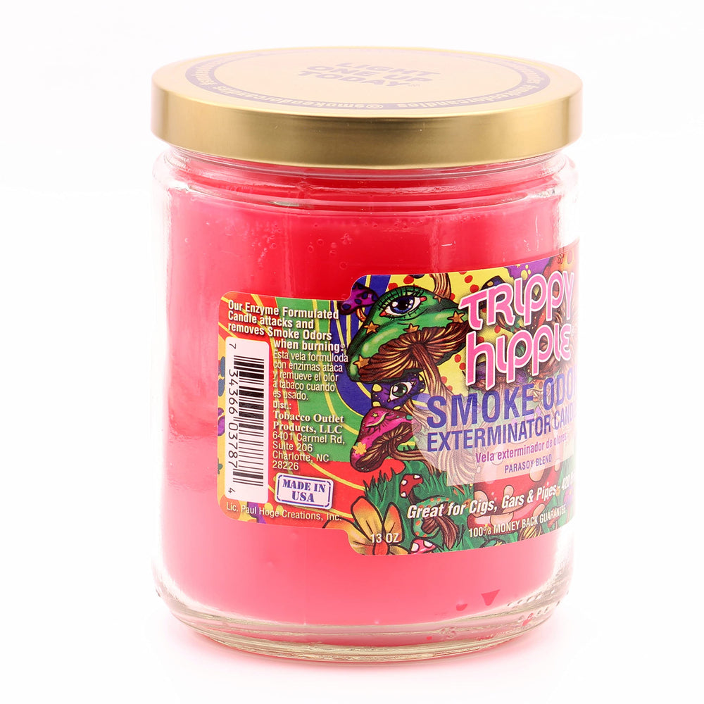 Smoke Odor Exterminator jar candle Trippy Hippie in a living room for odor reduction